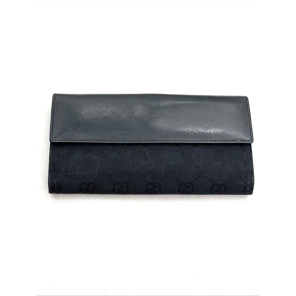 Gucci GG Canvas Jackie Clasp Long Wallet Black Leather Made In Italy